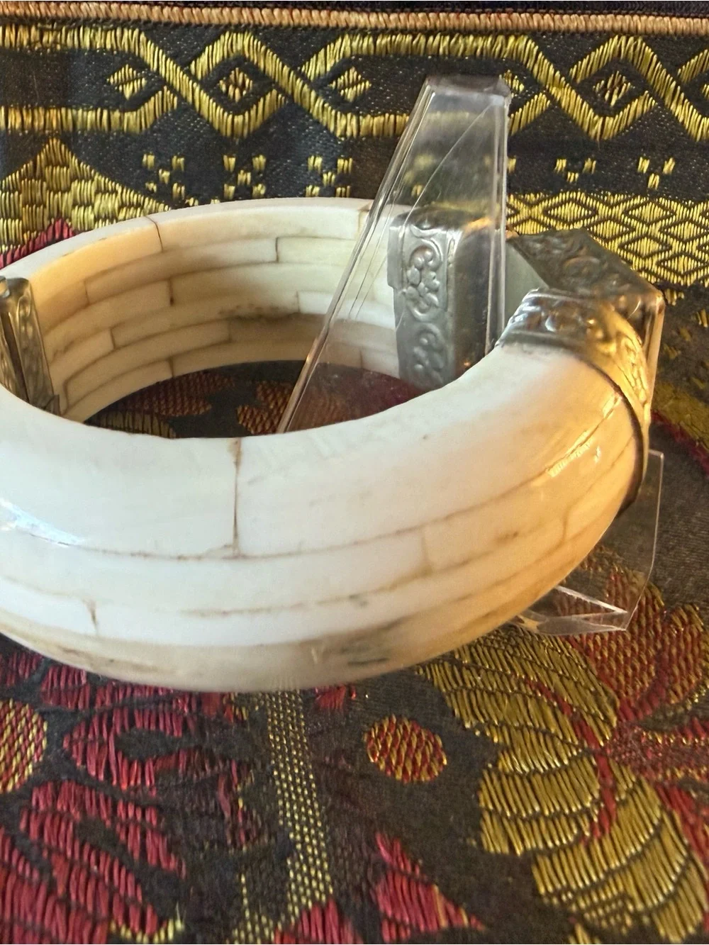 Antique Large Silver Tone Bone Agate Bracelet
